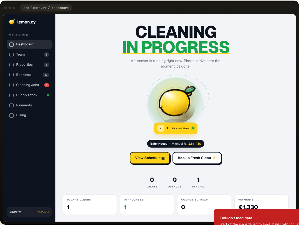 The Lemon.cy host dashboard during a live cleaning: one turnover in progress, the cleaner and the time they have been in, no delays and nothing overdue.