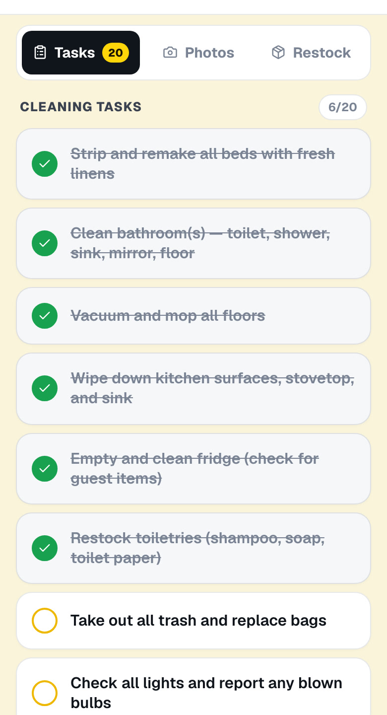 The property checklist on the cleaner's phone during a clean, with six of twenty tasks ticked off