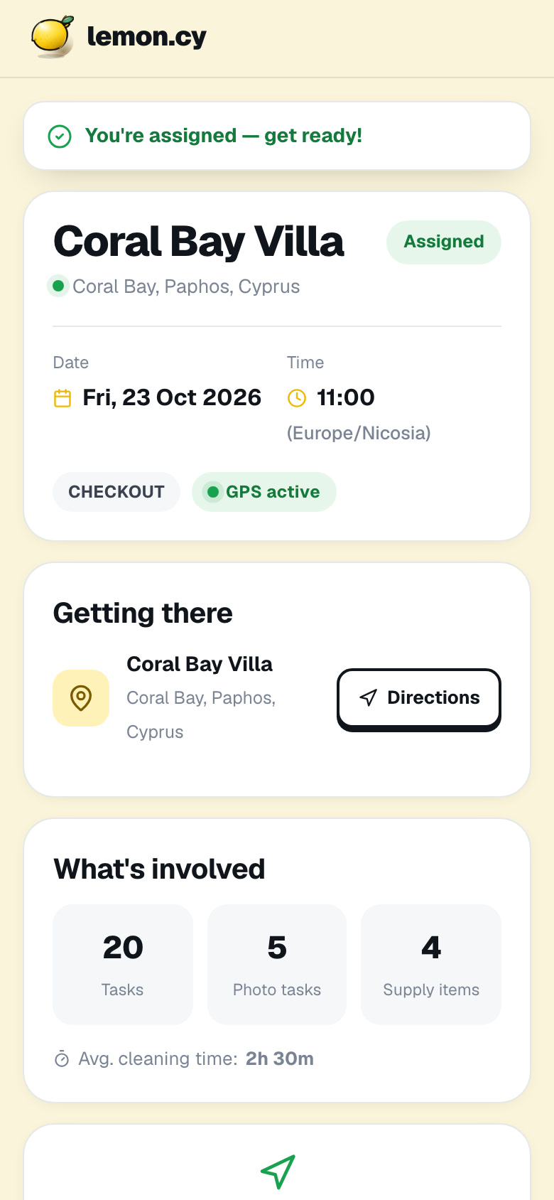 The job link on a cleaner's phone: property, address, date, checkout time and what the clean involves, with no app or login