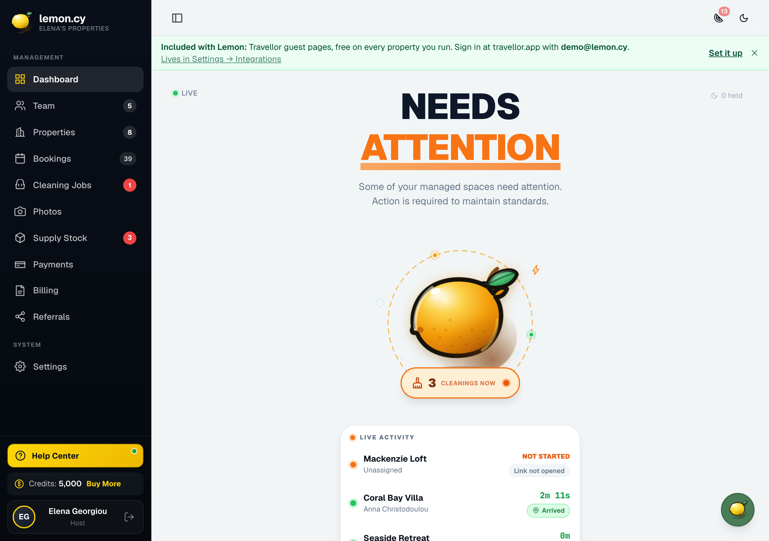 The Lemon host dashboard: three cleanings running now, with live activity per property