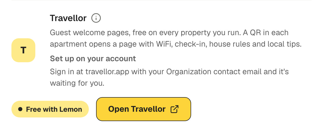 The Travellor guest pages card in Lemon's integrations: free with Lemon, set up on your account