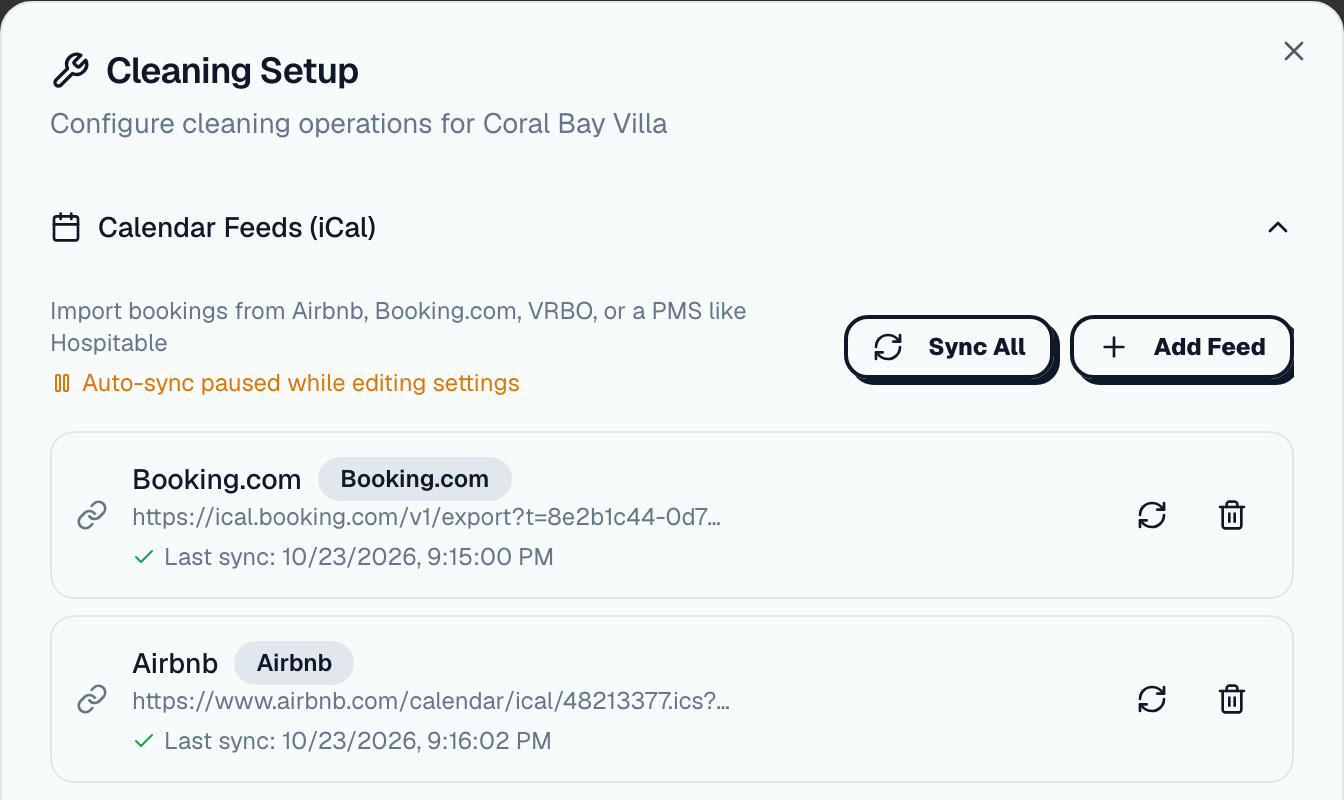 A property's calendar feeds in Lemon: an Airbnb and a Booking.com iCal link, each with its last successful sync