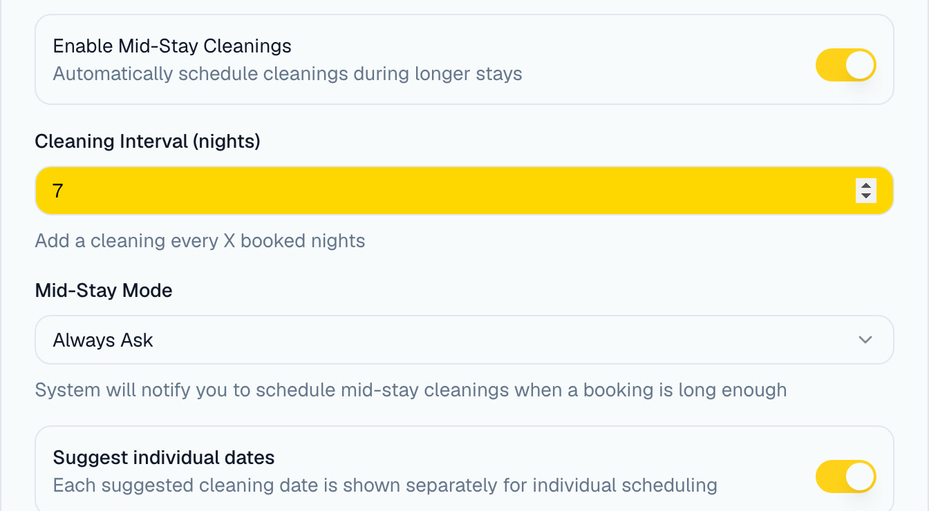 Mid-stay cleaning switched on for a property, with a clean every 7 nights and suggested dates