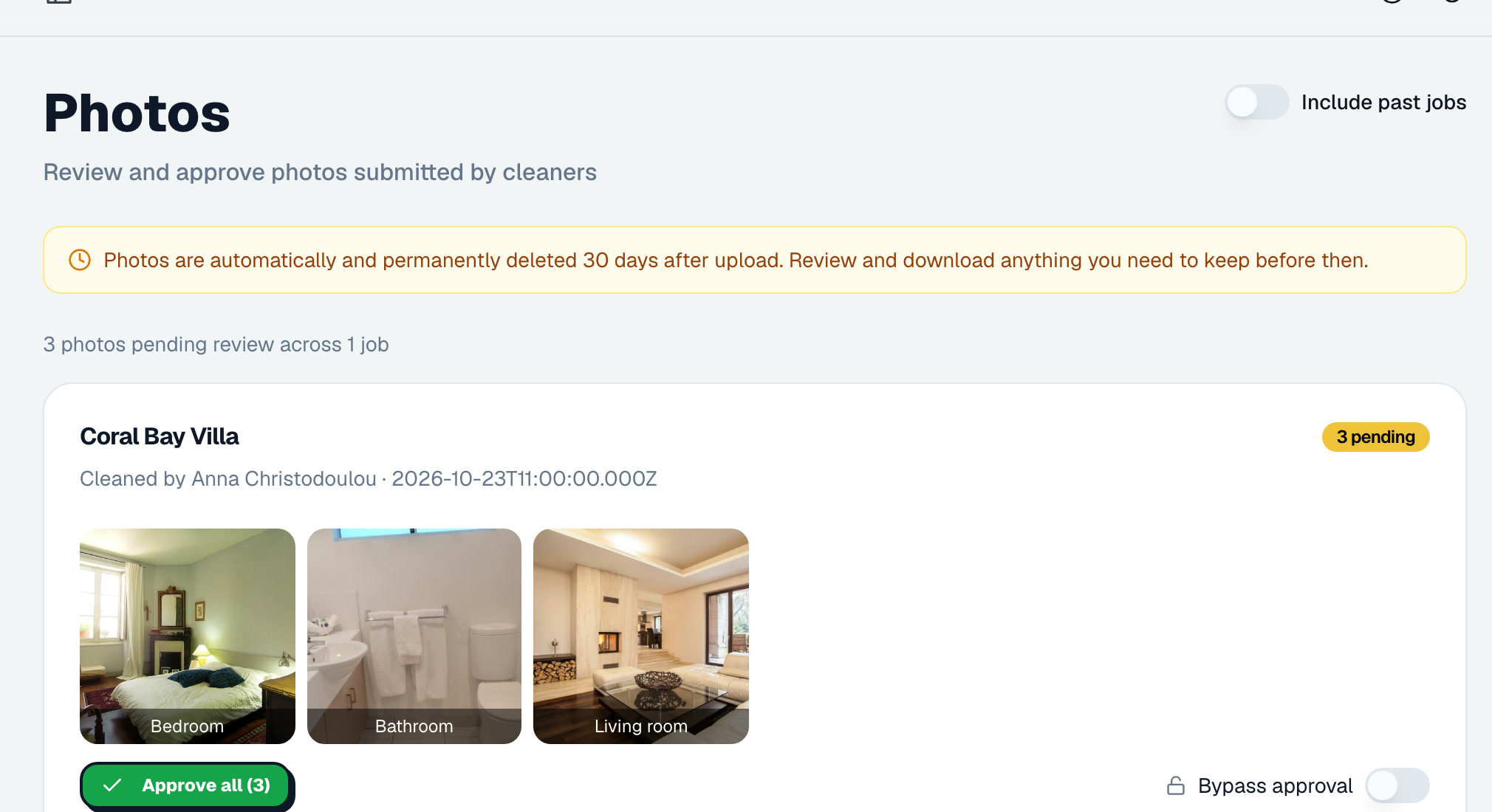 The host's photo review in Lemon: a bedroom, bathroom and living room photo from one clean, with Approve all