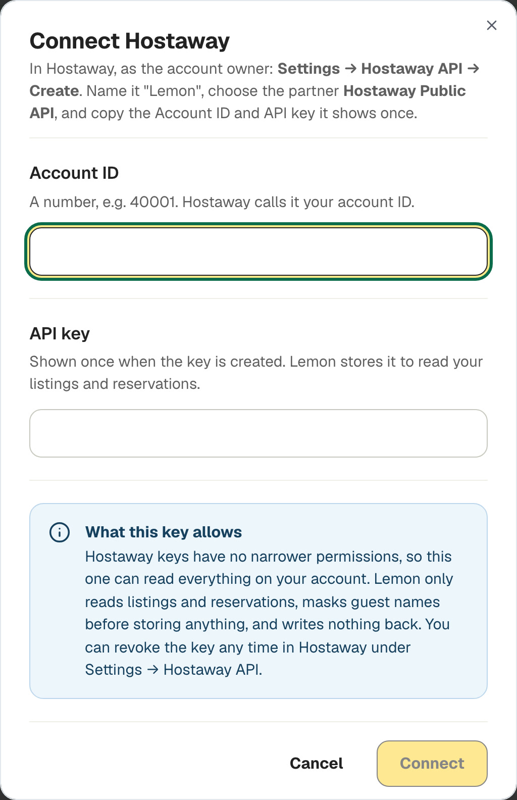 Connecting Hostaway in Lemon: the account ID and API key fields, with where to find them and what the key allows