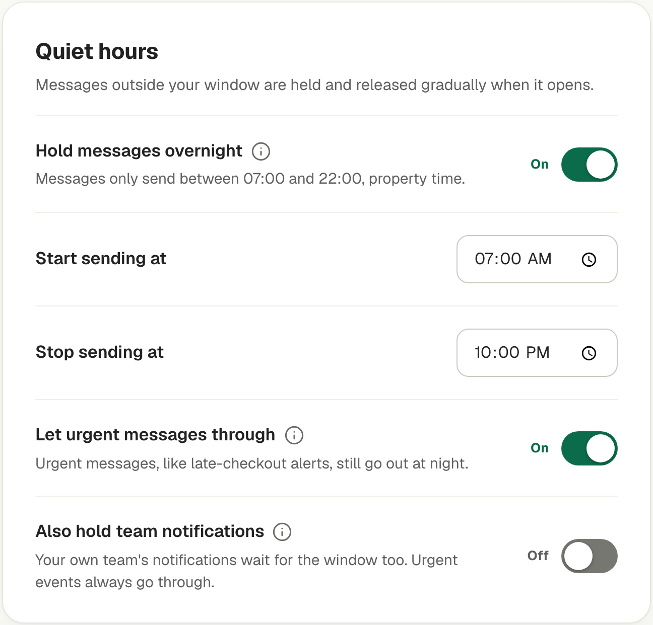 Quiet hours in Lemon's messaging settings: messages held outside 07:00 to 22:00, urgent messages let through