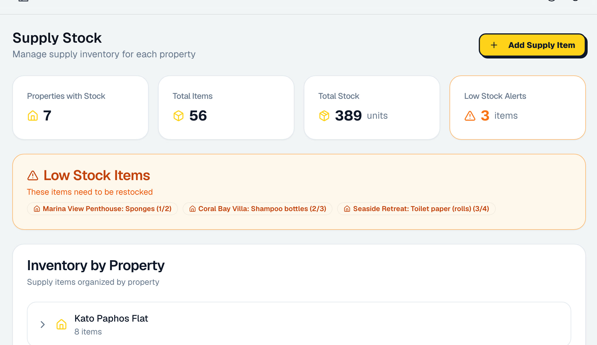 Lemon's supply stock page: items per property, total stock and three low-stock alerts
