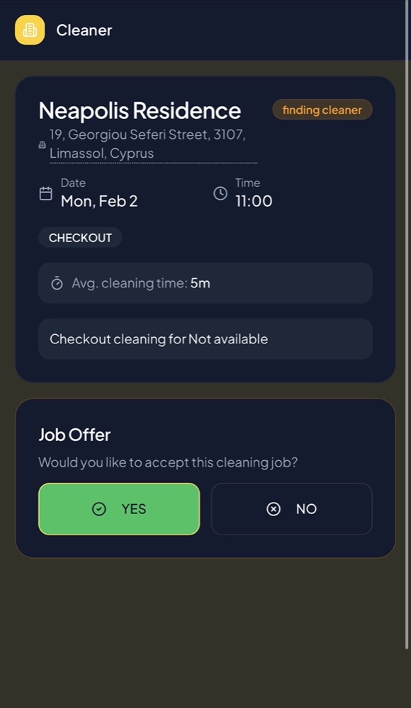 A cleaning job offer as the cleaner sees it on their phone — property, address, date, time, and accept or decline buttons