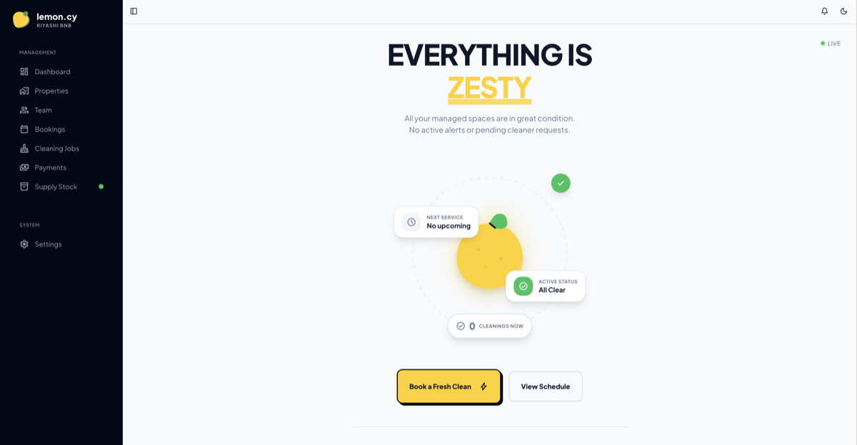 The Lemon.cy host dashboard when every property is clean and no job needs attention.